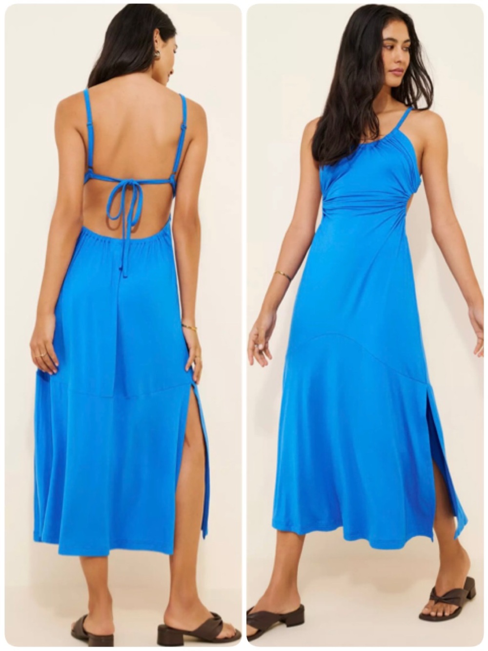 Blue Backless Midi Dress with Side Slit